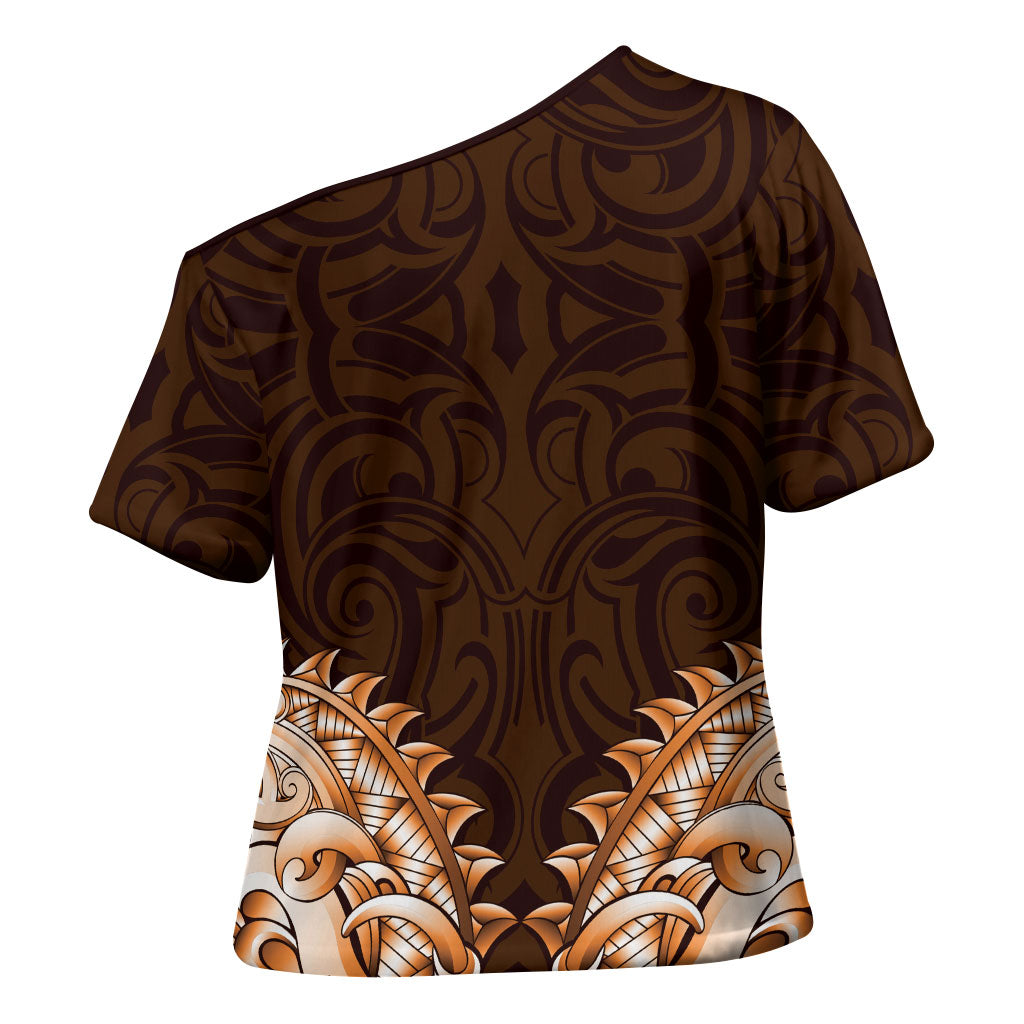 New Zealand Ta Moko Cross Shoulder Shirt Aotearoa Maori Chest Tattoo Orange LT14 - Polynesian Pride