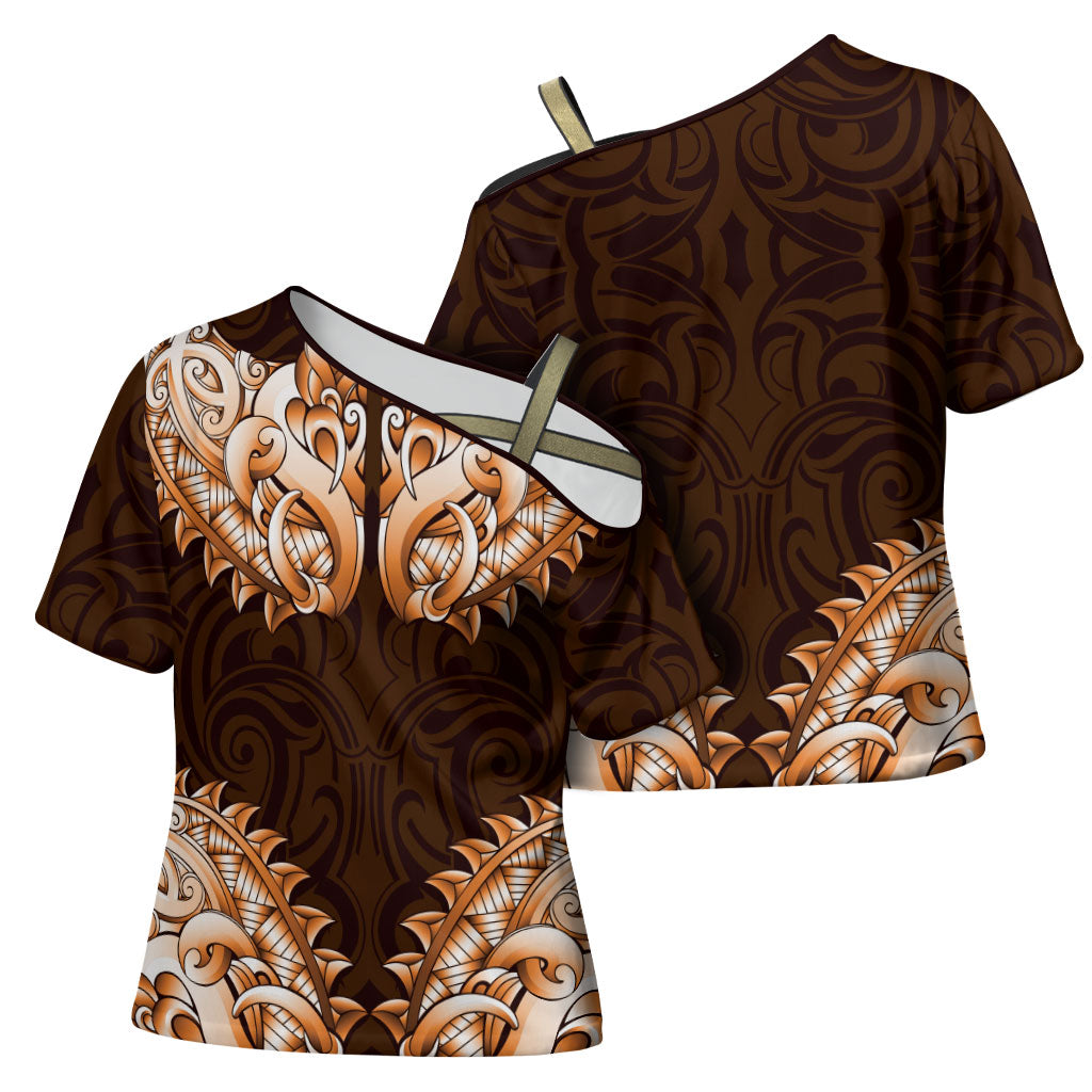 New Zealand Ta Moko Cross Shoulder Shirt Aotearoa Maori Chest Tattoo Orange LT14 - Polynesian Pride
