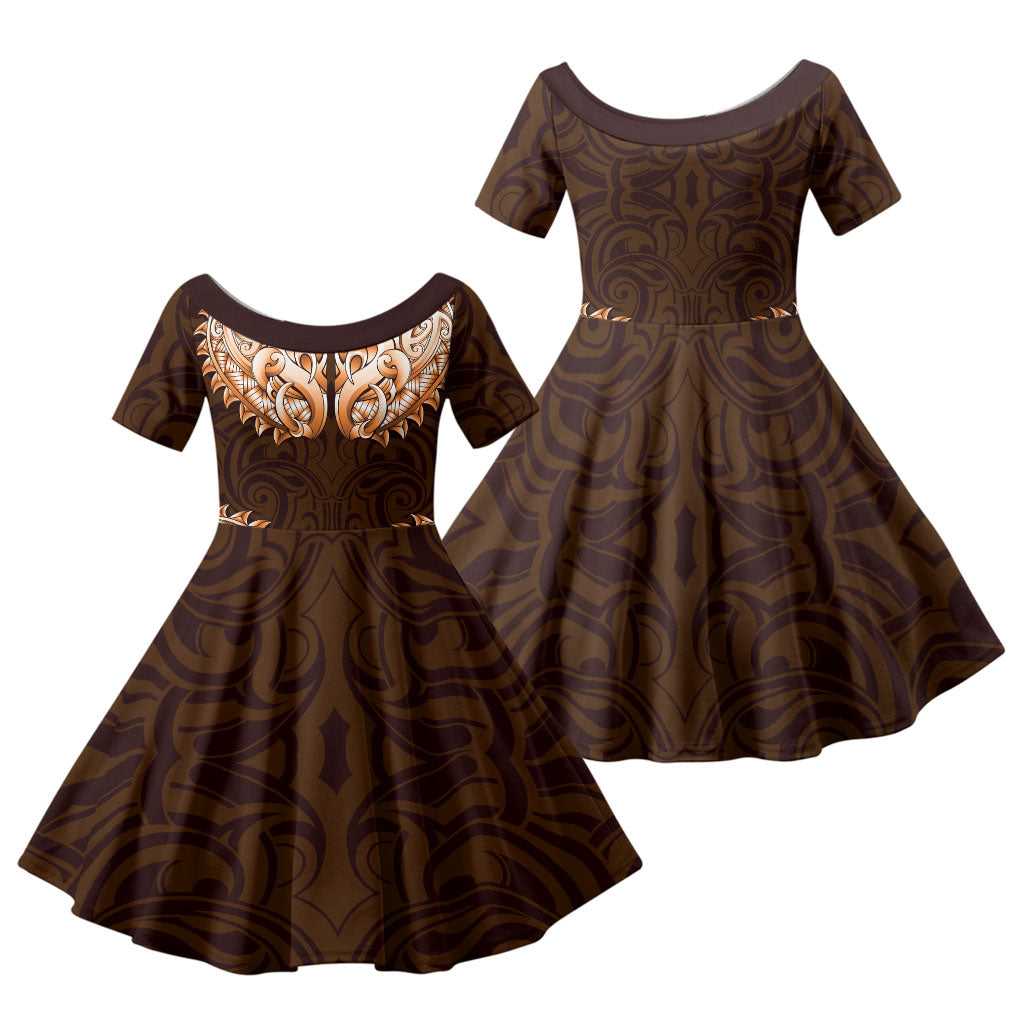 New Zealand Ta Moko Family Matching Long Sleeve Bodycon Dress and Hawaiian Shirt Aotearoa Maori Chest Tattoo Orange LT14 Daughter's Dress Orange - Polynesian Pride