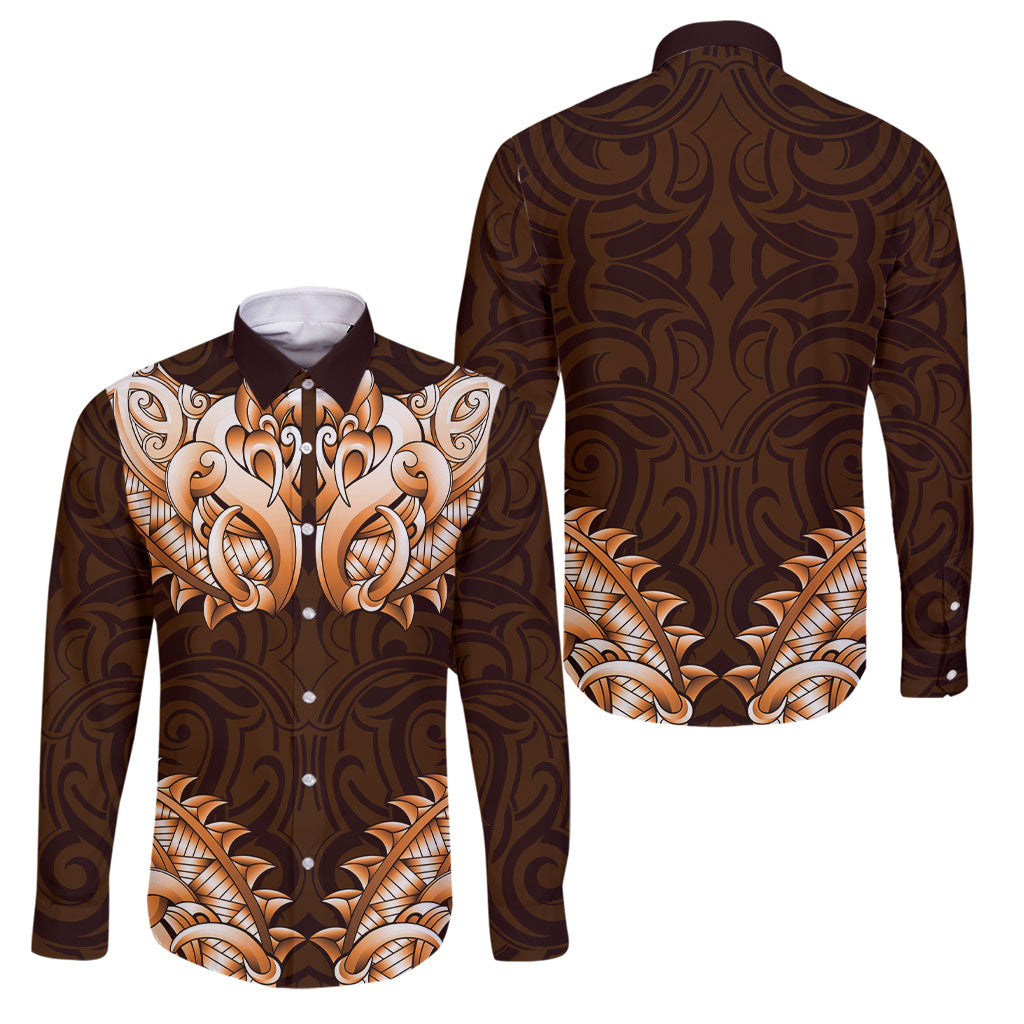 New Zealand Ta Moko Family Matching Short Sleeve Bodycon Dress and Hawaiian Shirt Aotearoa Maori Chest Tattoo Orange LT14 Dad's Shirt - Long Sleeve Orange - Polynesian Pride