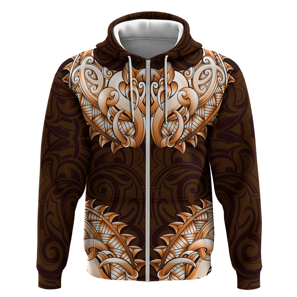 New Zealand Ta Moko Hoodie Aotearoa Maori Chest Tattoo Orange LT14 Zip Hoodie Orange - Polynesian Pride