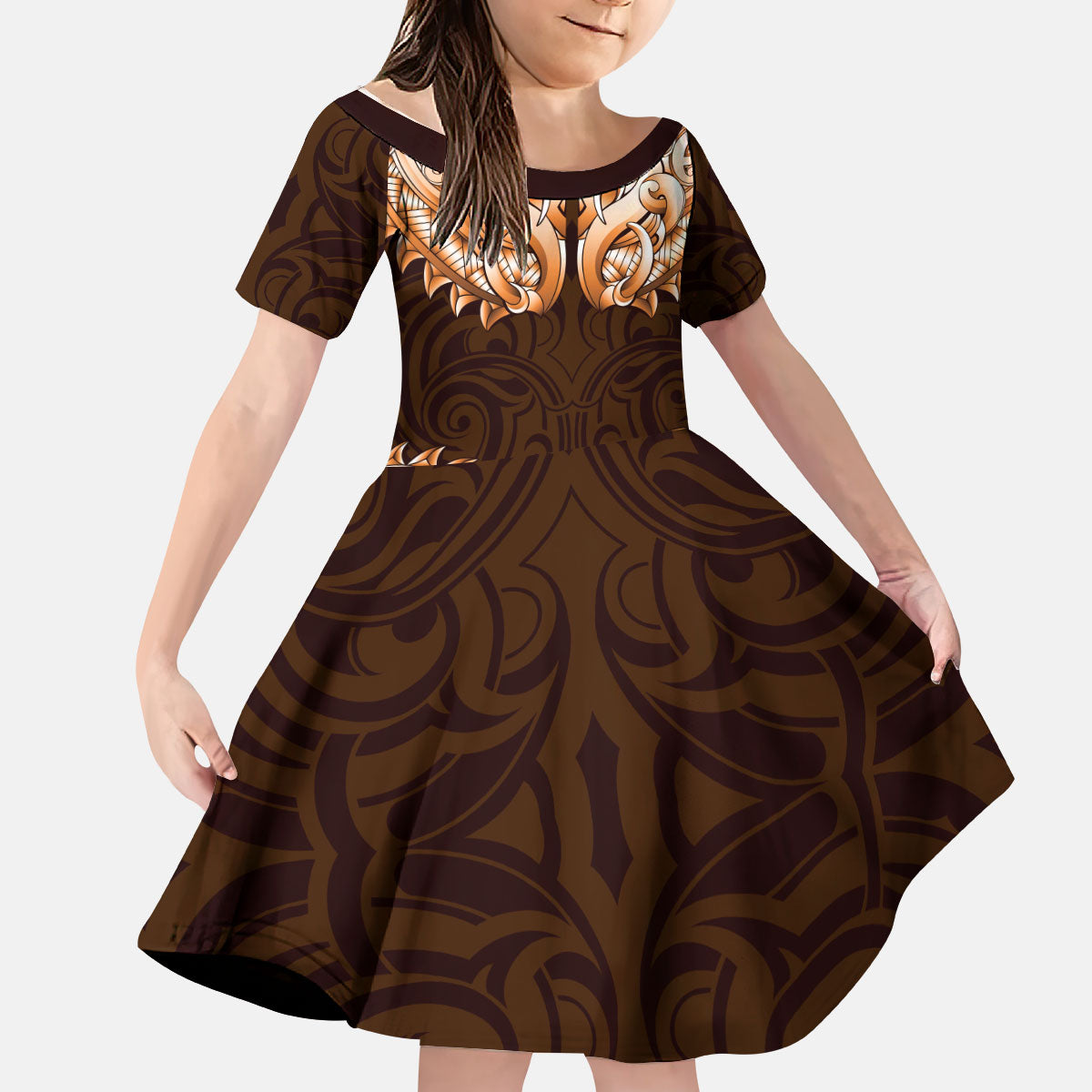 New Zealand Ta Moko Kid Short Sleeve Dress Aotearoa Maori Chest Tattoo Orange LT14 KID Orange - Polynesian Pride
