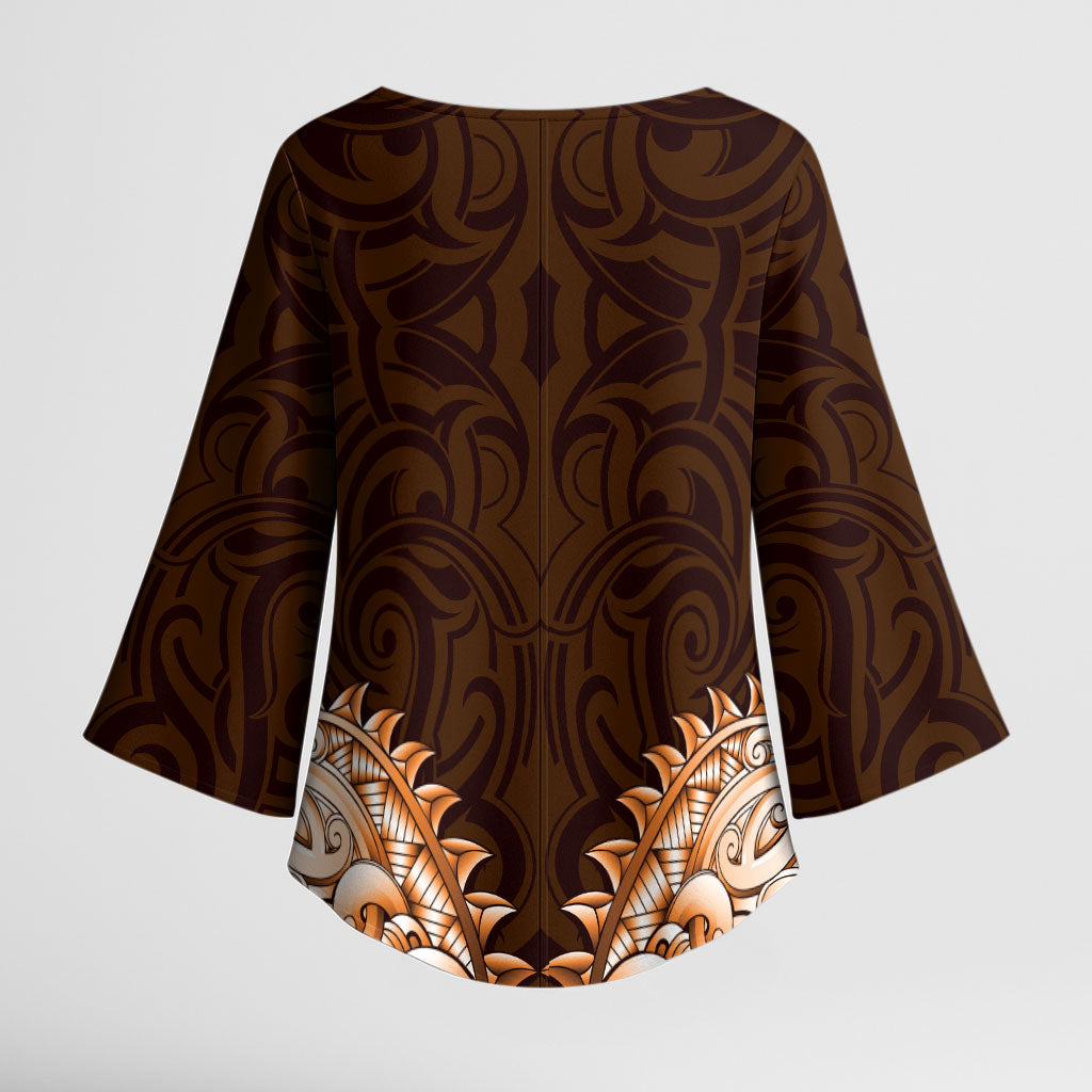 New Zealand Ta Moko Kimono Sleeve Blouse Aotearoa Maori Chest Tattoo Orange LT14 - Polynesian Pride