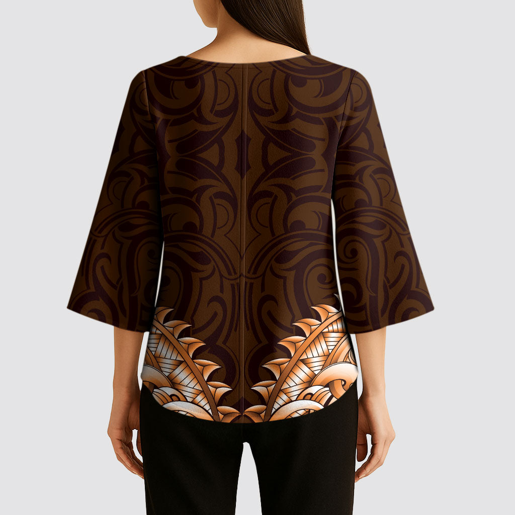 New Zealand Ta Moko Kimono Sleeve Blouse Aotearoa Maori Chest Tattoo Orange LT14 - Polynesian Pride