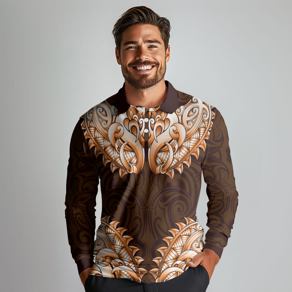 New Zealand Ta Moko Long Sleeve Polo Shirt Aotearoa Maori Chest Tattoo Orange LT14 - Polynesian Pride