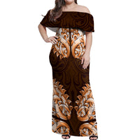 New Zealand Ta Moko Off Shoulder Maxi Dress Aotearoa Maori Chest Tattoo Orange LT14 Women Orange - Polynesian Pride