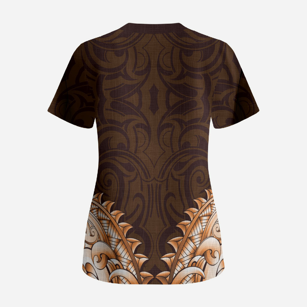 New Zealand Ta Moko Scrub Top Aotearoa Maori Chest Tattoo Orange LT14 - Polynesian Pride