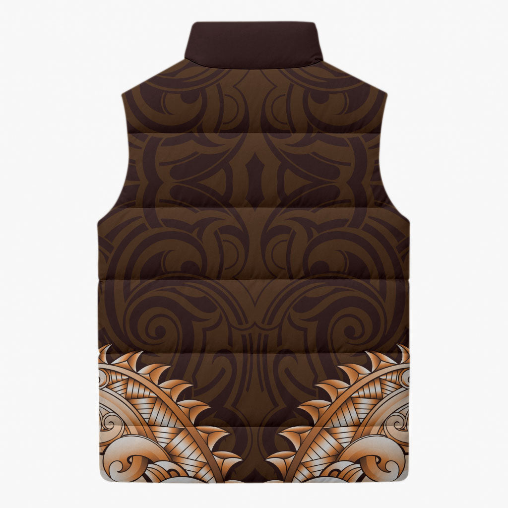 New Zealand Ta Moko Sleeveless Puffer Jacket Aotearoa Maori Chest Tattoo Orange LT14 - Polynesian Pride