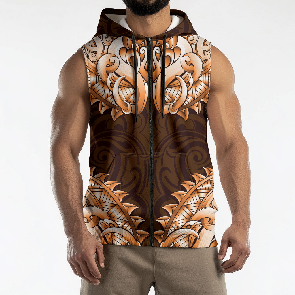 New Zealand Ta Moko Sleeveless Zip Hoodie Aotearoa Maori Chest Tattoo Orange LT14 - Polynesian Pride