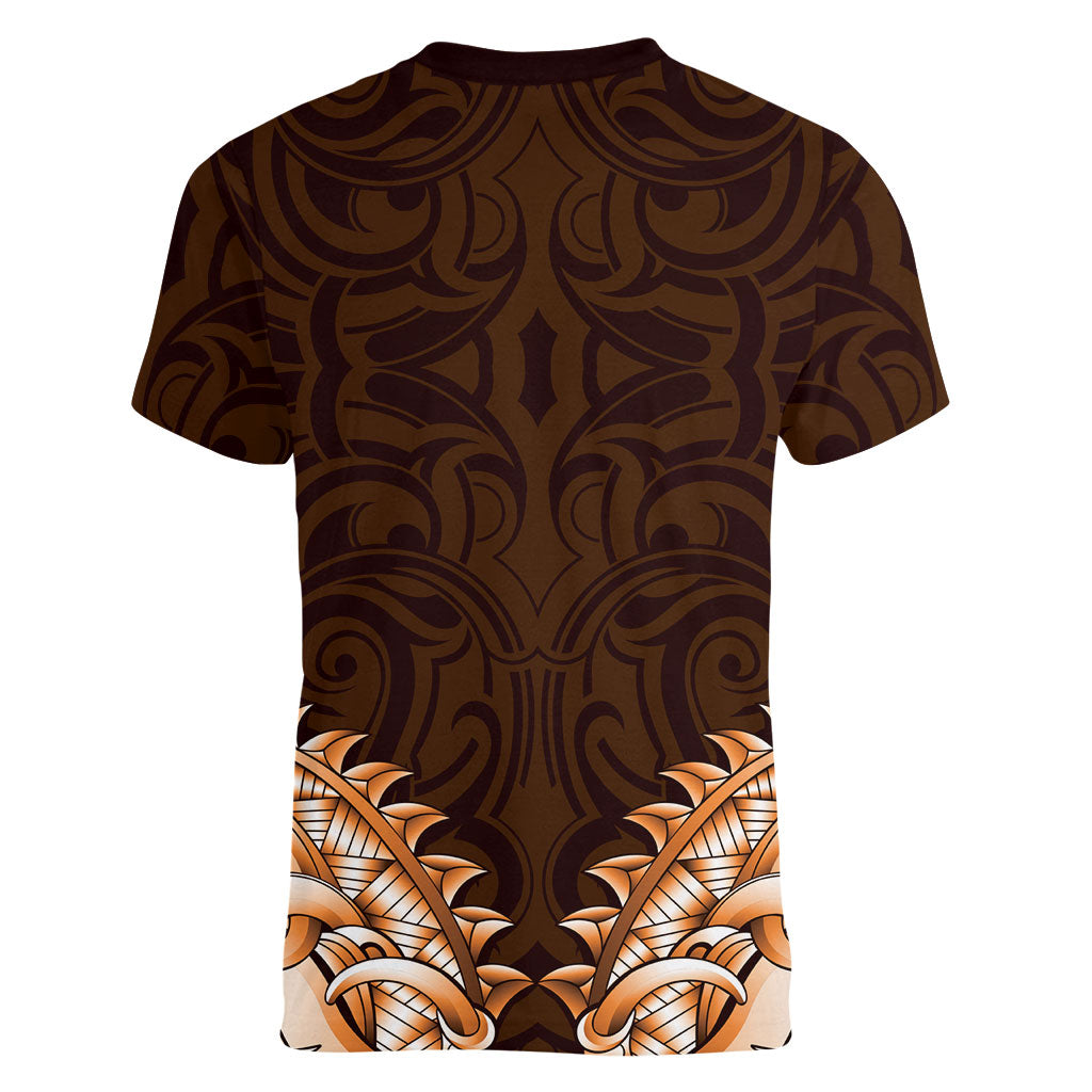 New Zealand Ta Moko Women V-Neck T-Shirt Aotearoa Maori Chest Tattoo Orange LT14 - Polynesian Pride