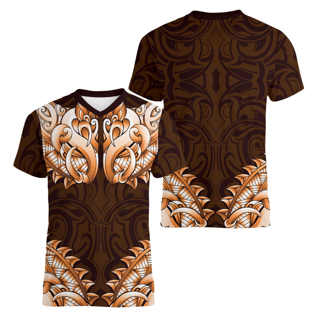 New Zealand Ta Moko Women V-Neck T-Shirt Aotearoa Maori Chest Tattoo Orange LT14 - Polynesian Pride