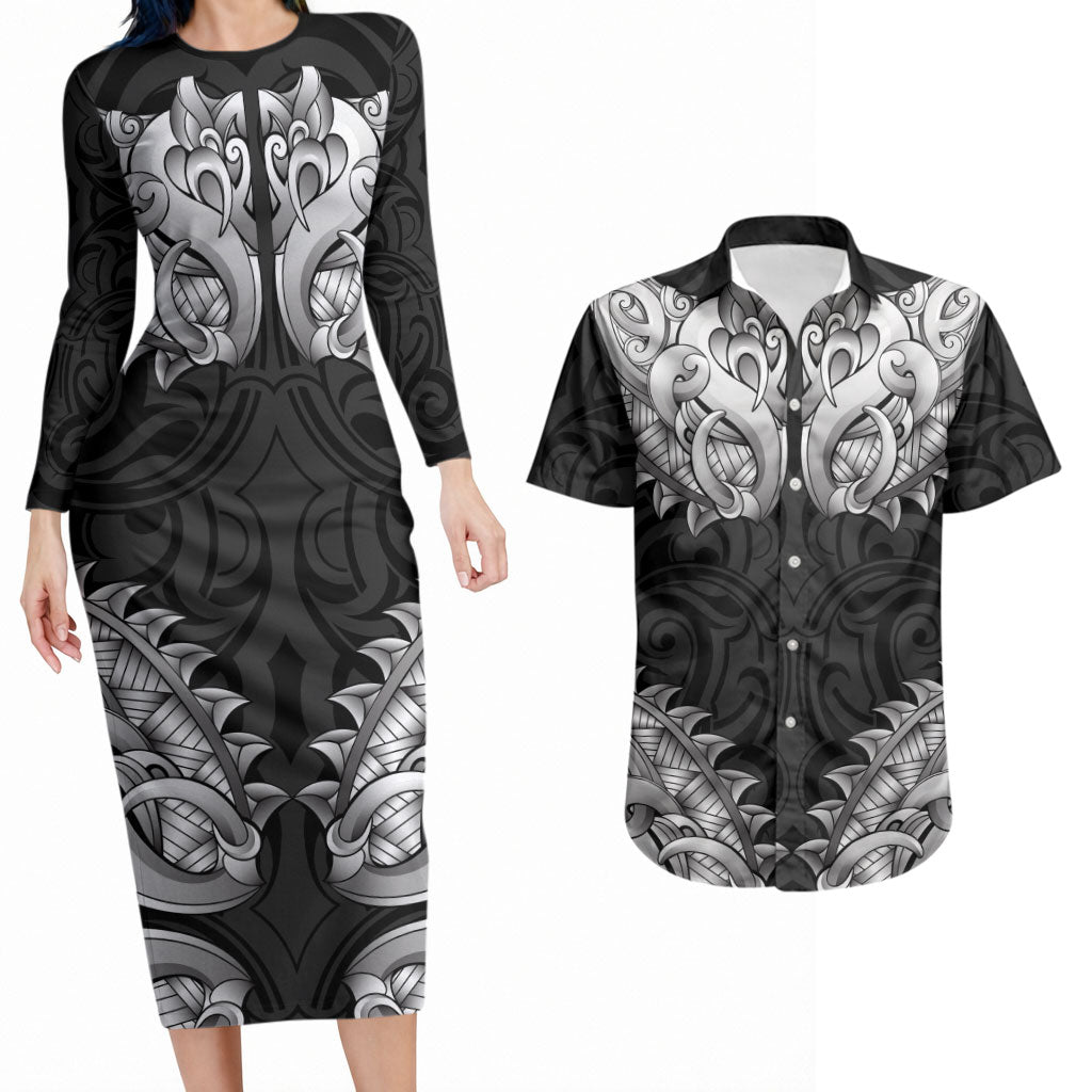 New Zealand Ta Moko Couples Matching Long Sleeve Bodycon Dress and Hawaiian Shirt Aotearoa Maori Chest Tattoo Black LT14 Black - Polynesian Pride