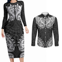 New Zealand Ta Moko Couples Matching Long Sleeve Bodycon Dress and Long Sleeve Button Shirt Aotearoa Maori Chest Tattoo Black LT14 Black - Polynesian Pride