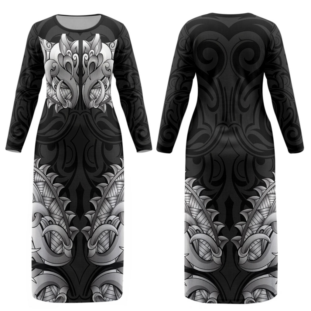 New Zealand Ta Moko Couples Matching Long Sleeve Bodycon Dress and Long Sleeve Button Shirt Aotearoa Maori Chest Tattoo Black LT14 - Polynesian Pride