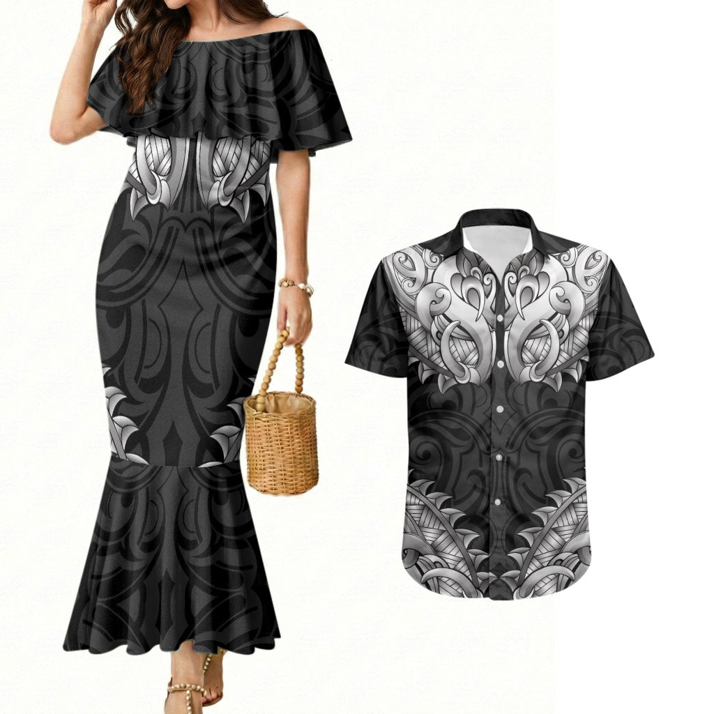 New Zealand Ta Moko Couples Matching Mermaid Dress and Hawaiian Shirt Aotearoa Maori Chest Tattoo Black LT14 Black - Polynesian Pride