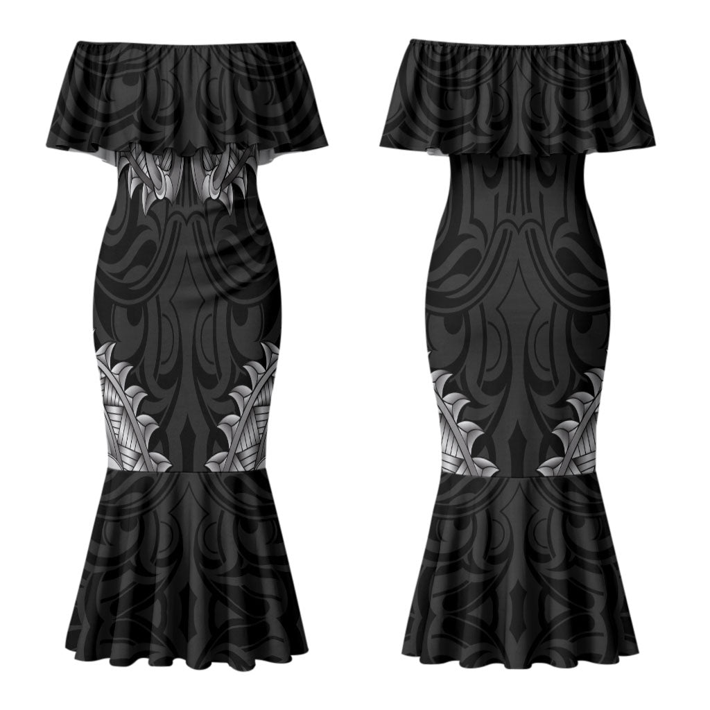 New Zealand Ta Moko Couples Matching Mermaid Dress and Long Sleeve Button Shirt Aotearoa Maori Chest Tattoo Black LT14 - Polynesian Pride
