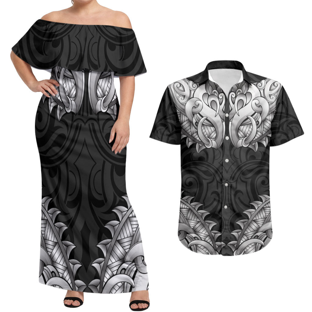 New Zealand Ta Moko Couples Matching Off Shoulder Maxi Dress and Hawaiian Shirt Aotearoa Maori Chest Tattoo Black LT14 Black - Polynesian Pride