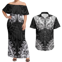 New Zealand Ta Moko Couples Matching Off Shoulder Maxi Dress and Hawaiian Shirt Aotearoa Maori Chest Tattoo Black LT14 Black - Polynesian Pride