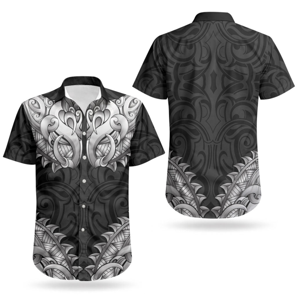 New Zealand Ta Moko Couples Matching Off Shoulder Maxi Dress and Hawaiian Shirt Aotearoa Maori Chest Tattoo Black LT14 - Polynesian Pride
