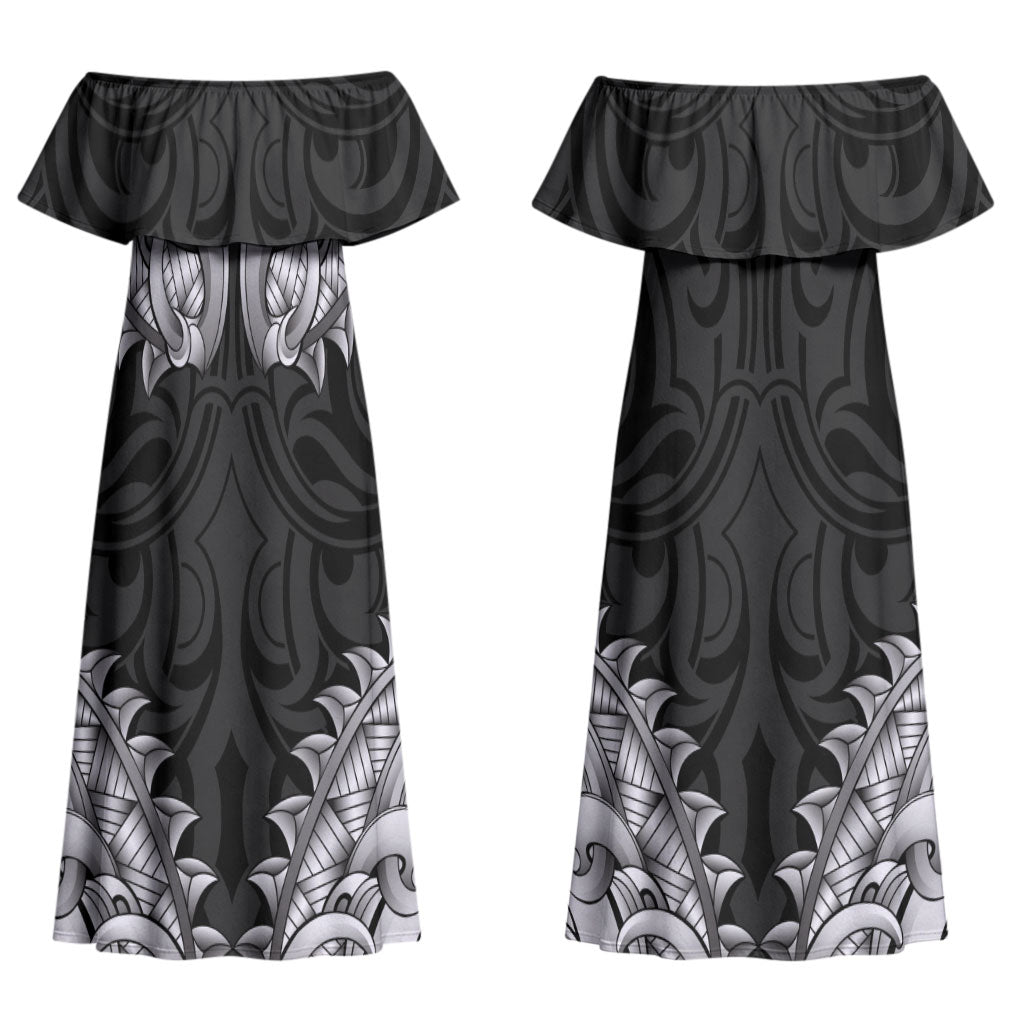 New Zealand Ta Moko Couples Matching Off Shoulder Maxi Dress and Long Sleeve Button Shirt Aotearoa Maori Chest Tattoo Black LT14 - Polynesian Pride
