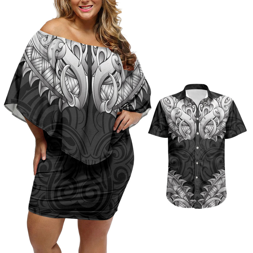 New Zealand Ta Moko Couples Matching Off Shoulder Short Dress and Hawaiian Shirt Aotearoa Maori Chest Tattoo Black LT14 Black - Polynesian Pride