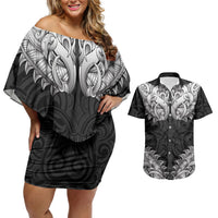 New Zealand Ta Moko Couples Matching Off Shoulder Short Dress and Hawaiian Shirt Aotearoa Maori Chest Tattoo Black LT14 Black - Polynesian Pride