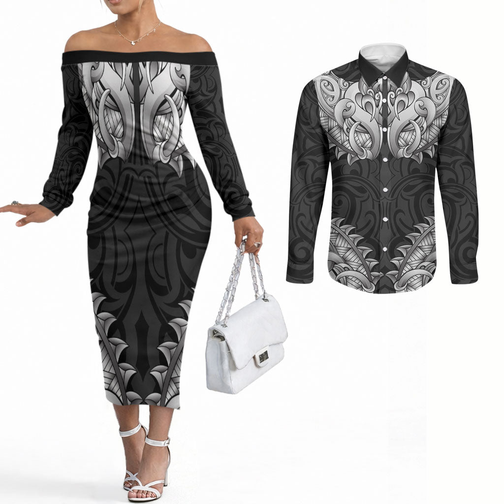 New Zealand Ta Moko Couples Matching Off The Shoulder Long Sleeve Dress and Long Sleeve Button Shirt Aotearoa Maori Chest Tattoo Black LT14 Black - Polynesian Pride