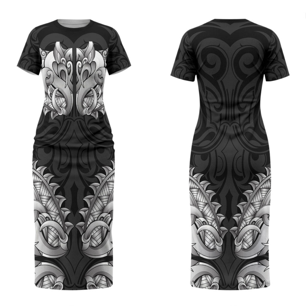New Zealand Ta Moko Couples Matching Short Sleeve Bodycon Dress and Long Sleeve Button Shirt Aotearoa Maori Chest Tattoo Black LT14 - Polynesian Pride