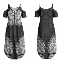 New Zealand Ta Moko Couples Matching Summer Maxi Dress and Long Sleeve Button Shirt Aotearoa Maori Chest Tattoo Black LT14 - Polynesian Pride