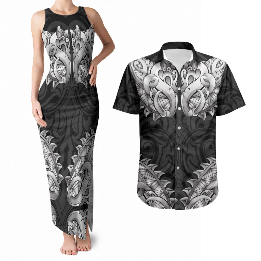 New Zealand Ta Moko Couples Matching Tank Maxi Dress and Hawaiian Shirt Aotearoa Maori Chest Tattoo Black LT14 Black - Polynesian Pride