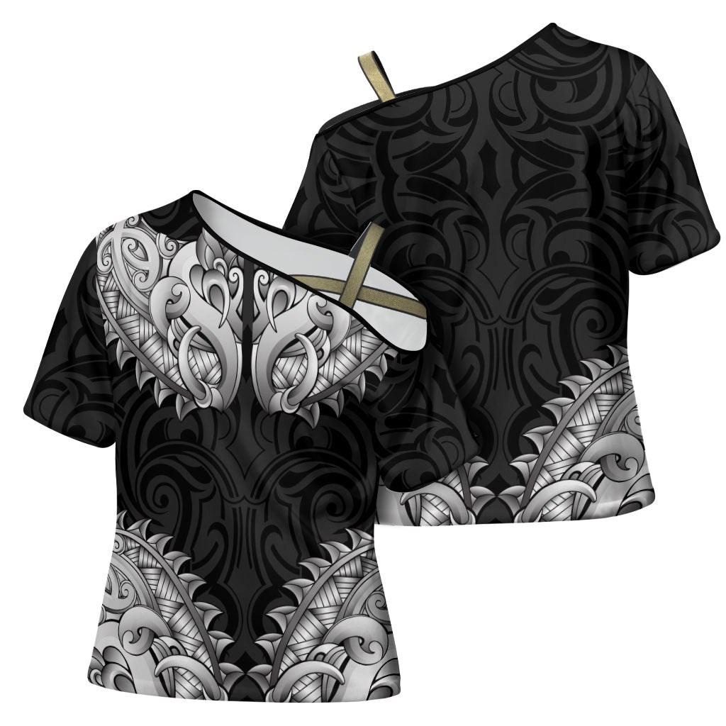 New Zealand Ta Moko Cross Shoulder Shirt Aotearoa Maori Chest Tattoo Black LT14 - Polynesian Pride