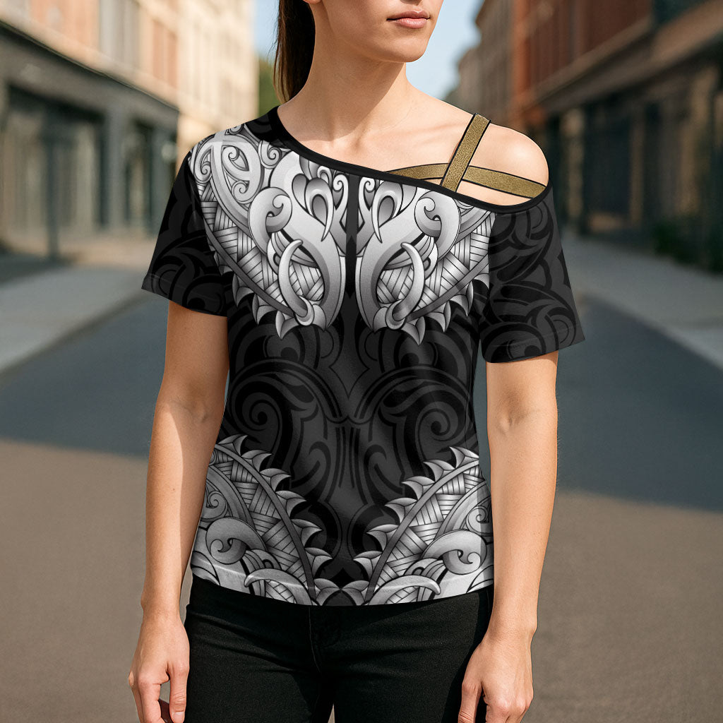 New Zealand Ta Moko Cross Shoulder Shirt Aotearoa Maori Chest Tattoo Black LT14 - Polynesian Pride