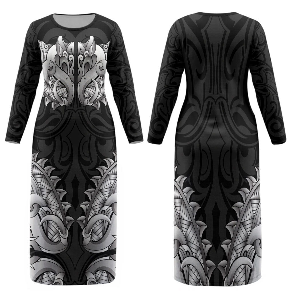 New Zealand Ta Moko Family Matching Long Sleeve Bodycon Dress and Hawaiian Shirt Aotearoa Maori Chest Tattoo Black LT14 Mom's Dress Black - Polynesian Pride