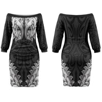 New Zealand Ta Moko Family Matching Off The Shoulder Long Sleeve Dress and Hawaiian Shirt Aotearoa Maori Chest Tattoo Black LT14 Mom's Dress Black - Polynesian Pride