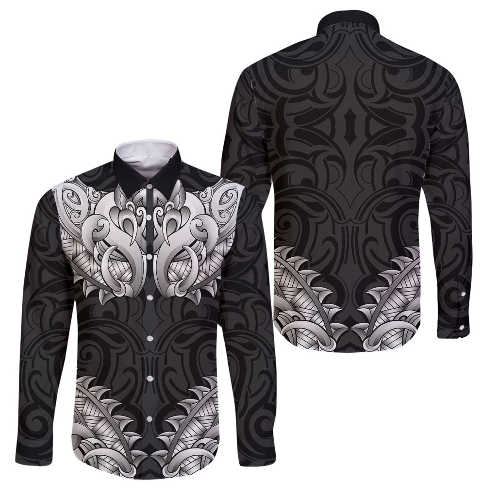 New Zealand Ta Moko Family Matching Off The Shoulder Long Sleeve Dress and Hawaiian Shirt Aotearoa Maori Chest Tattoo Black LT14 Dad's Shirt - Long Sleeve Black - Polynesian Pride