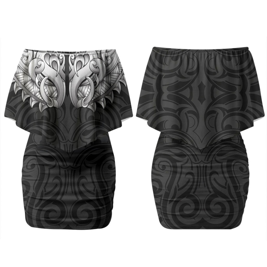 New Zealand Ta Moko Family Matching Off Shoulder Short Dress and Hawaiian Shirt Aotearoa Maori Chest Tattoo Black LT14 Mom's Dress Black - Polynesian Pride