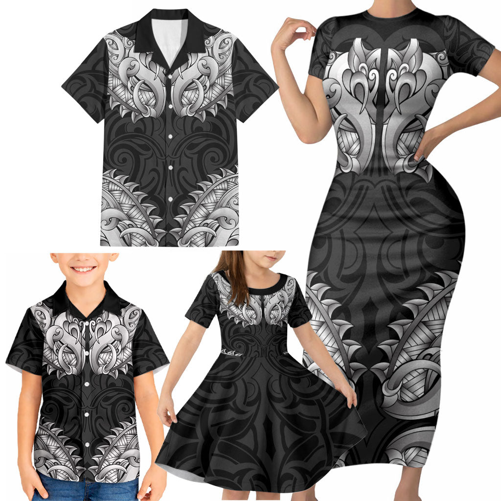 New Zealand Ta Moko Family Matching Short Sleeve Bodycon Dress and Hawaiian Shirt Aotearoa Maori Chest Tattoo Black LT14 - Polynesian Pride
