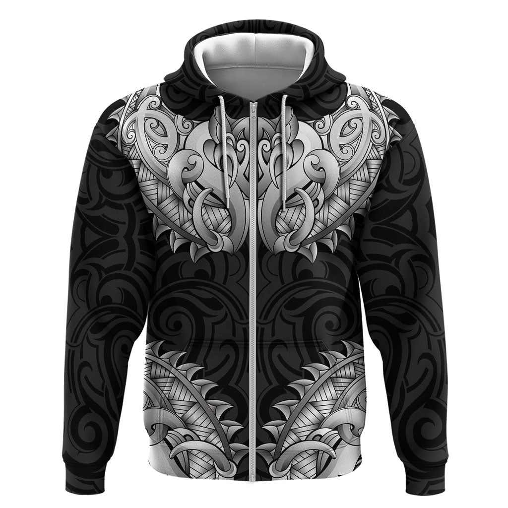 New Zealand Ta Moko Hoodie Aotearoa Maori Chest Tattoo Black LT14 Zip Hoodie Black - Polynesian Pride