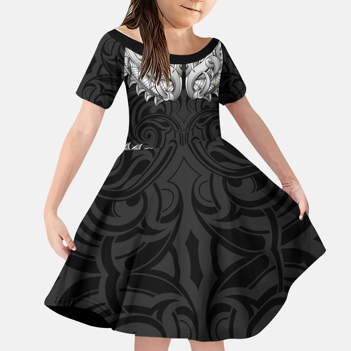 New Zealand Ta Moko Kid Short Sleeve Dress Aotearoa Maori Chest Tattoo Black LT14 KID Black - Polynesian Pride