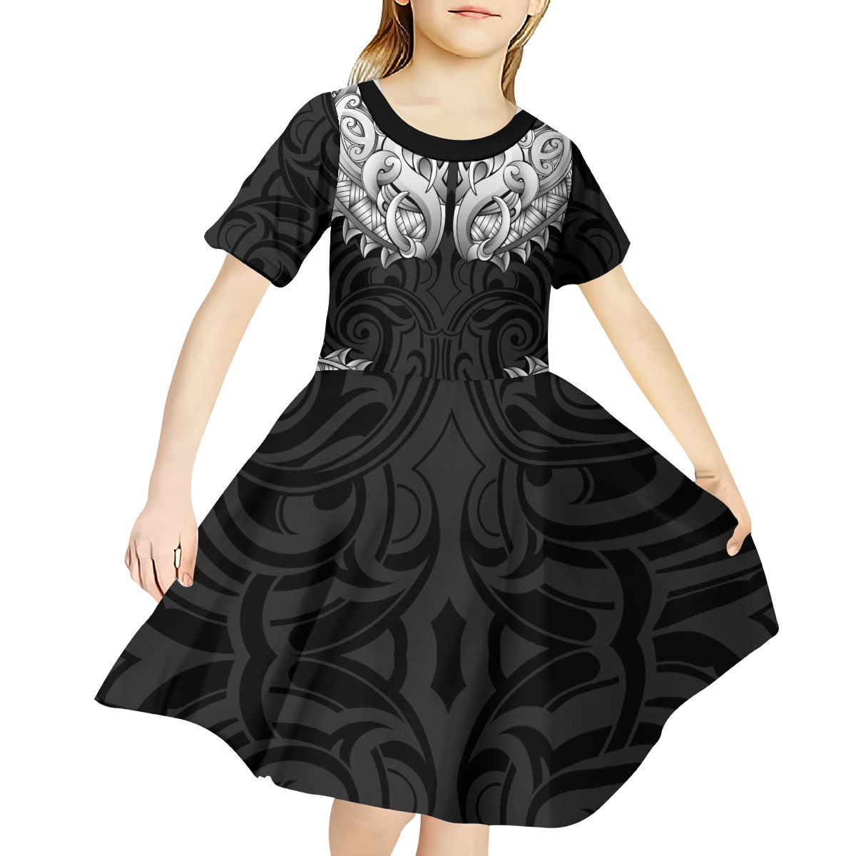New Zealand Ta Moko Kid Short Sleeve Dress Aotearoa Maori Chest Tattoo Black LT14 - Polynesian Pride