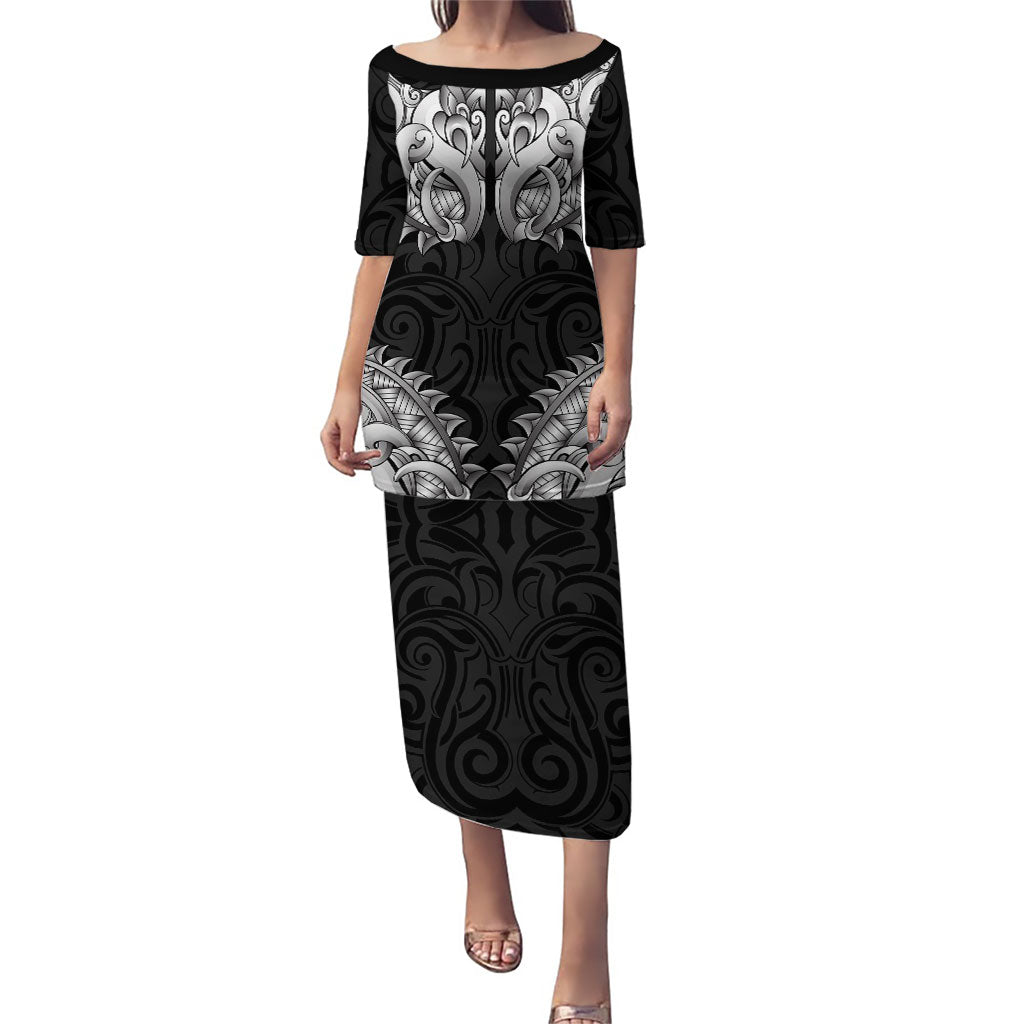 New Zealand Ta Moko Puletasi Aotearoa Maori Chest Tattoo Black LT14 Long Dress Black - Polynesian Pride