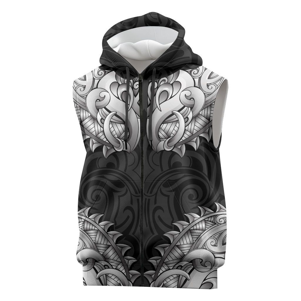 New Zealand Ta Moko Sleeveless Zip Hoodie Aotearoa Maori Chest Tattoo Black LT14 Black - Polynesian Pride