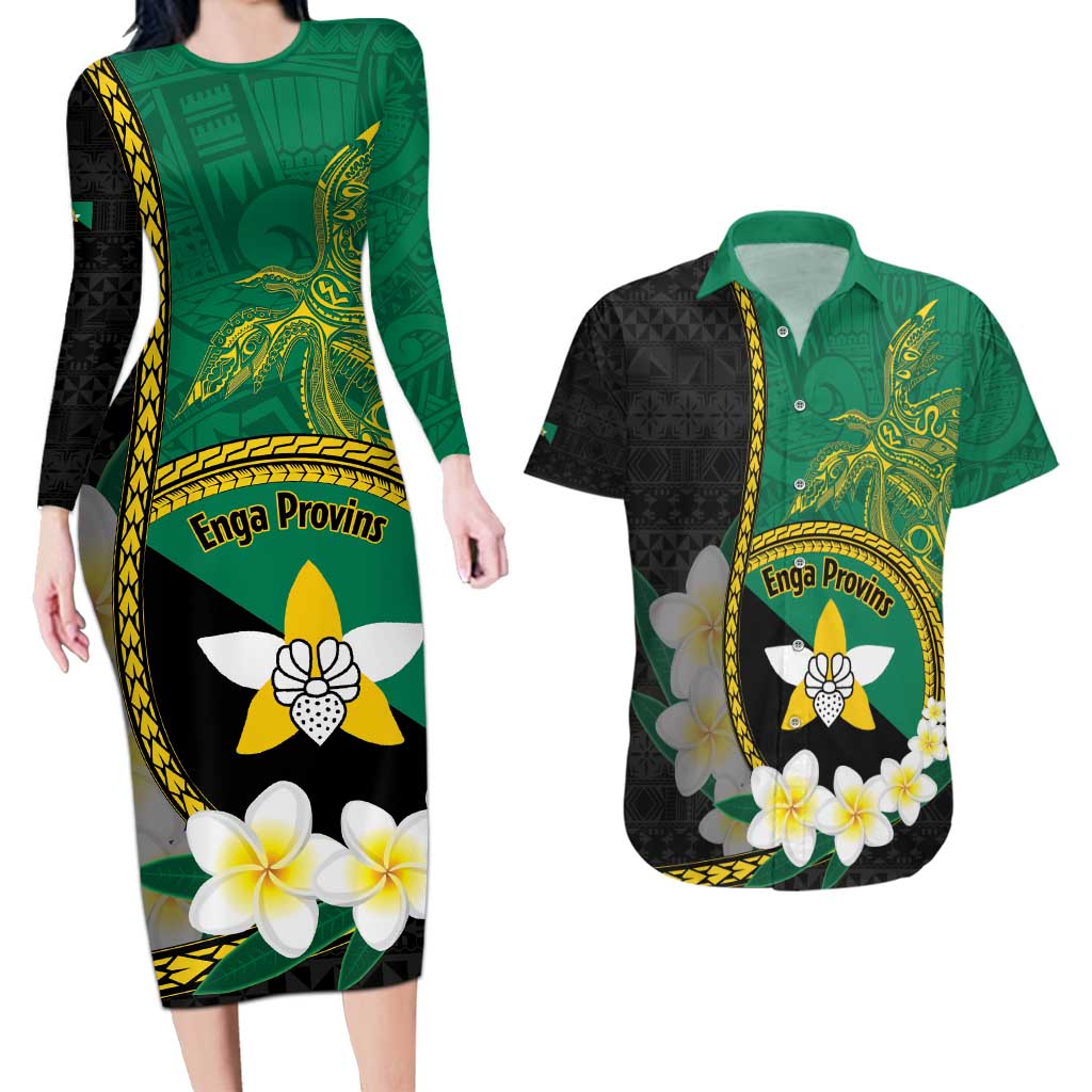 Personalised PNG Enga Provins Couples Matching Long Sleeve Bodycon Dress and Hawaiian Shirt Papua New Guinea Plumeria Melanesian Pattern - Polynesian Pride