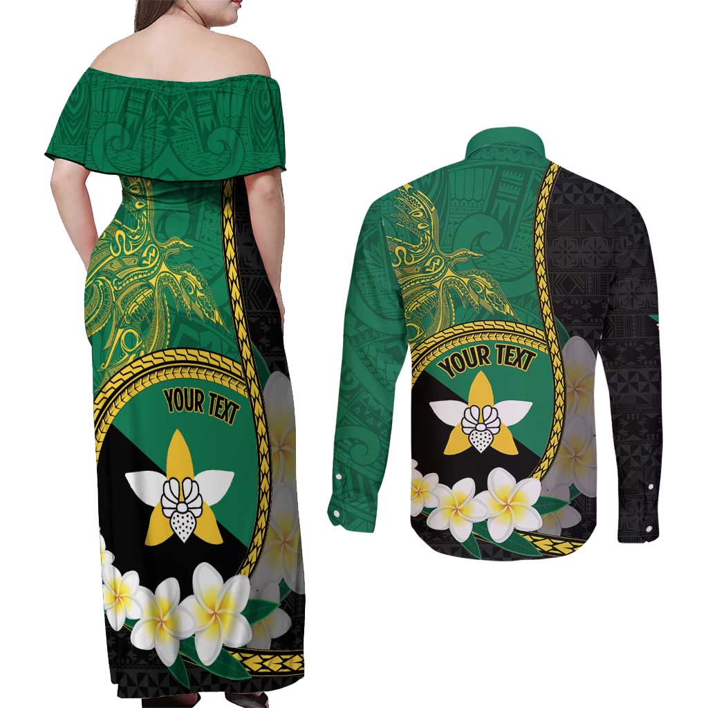 Personalised PNG Enga Provins Couples Matching Off Shoulder Maxi Dress and Long Sleeve Button Shirt Papua New Guinea Plumeria Melanesian Pattern - Polynesian Pride