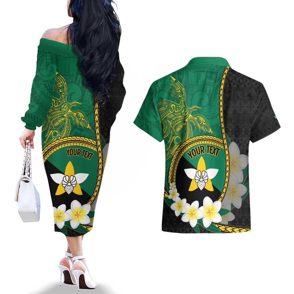 Personalised PNG Enga Provins Couples Matching Off The Shoulder Long Sleeve Dress and Hawaiian Shirt Papua New Guinea Plumeria Melanesian Pattern - Polynesian Pride