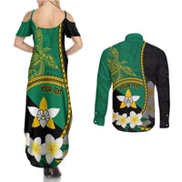 Personalised PNG Enga Provins Couples Matching Summer Maxi Dress and Long Sleeve Button Shirt Papua New Guinea Plumeria Melanesian Pattern - Polynesian Pride