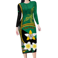 Personalised PNG Enga Provins Long Sleeve Bodycon Dress Papua New Guinea Plumeria Melanesian Pattern - Polynesian Pride