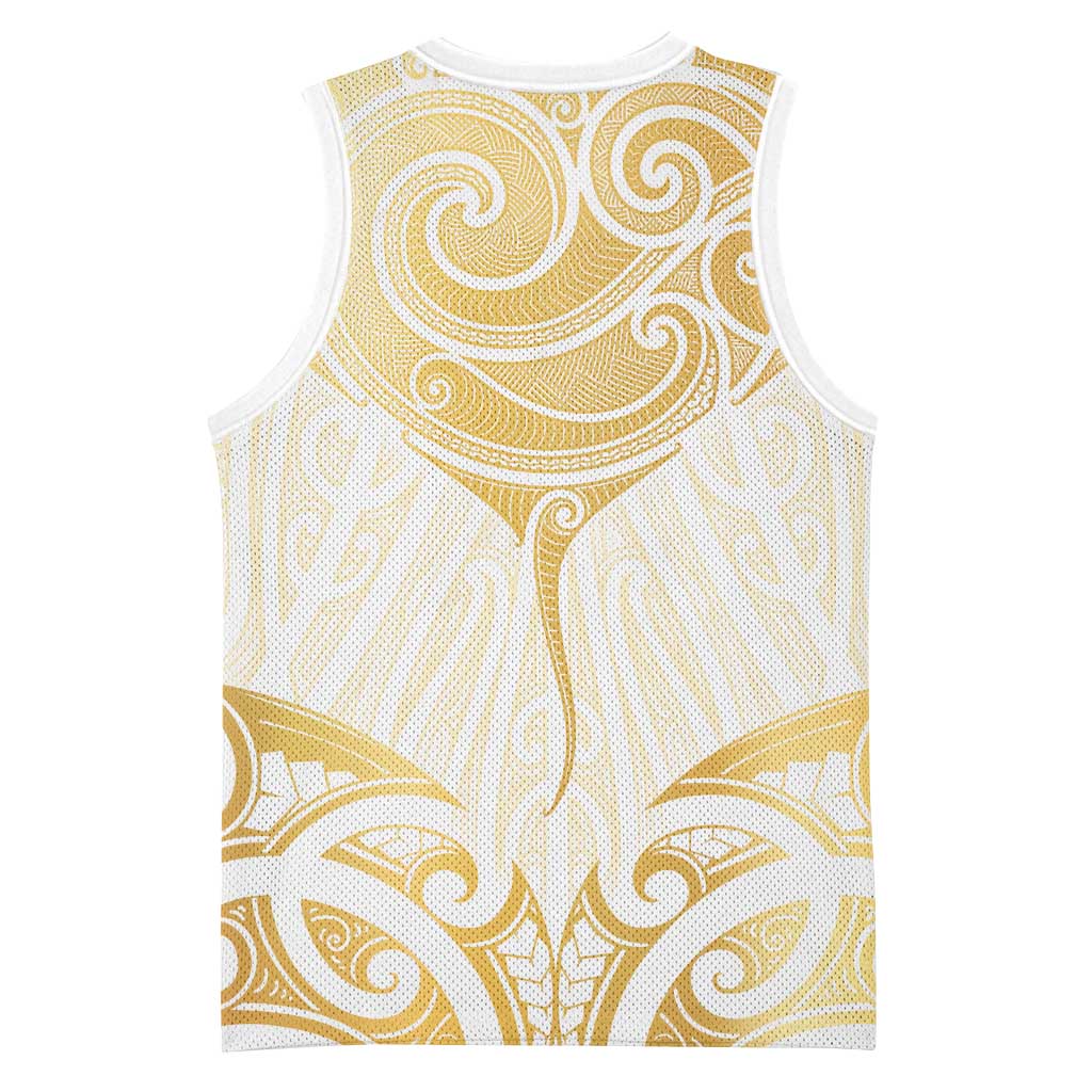 Gold White New Zealand Manta Ray Basketball Jersey Aotearoa Maori Haehae - Polynesian Pride