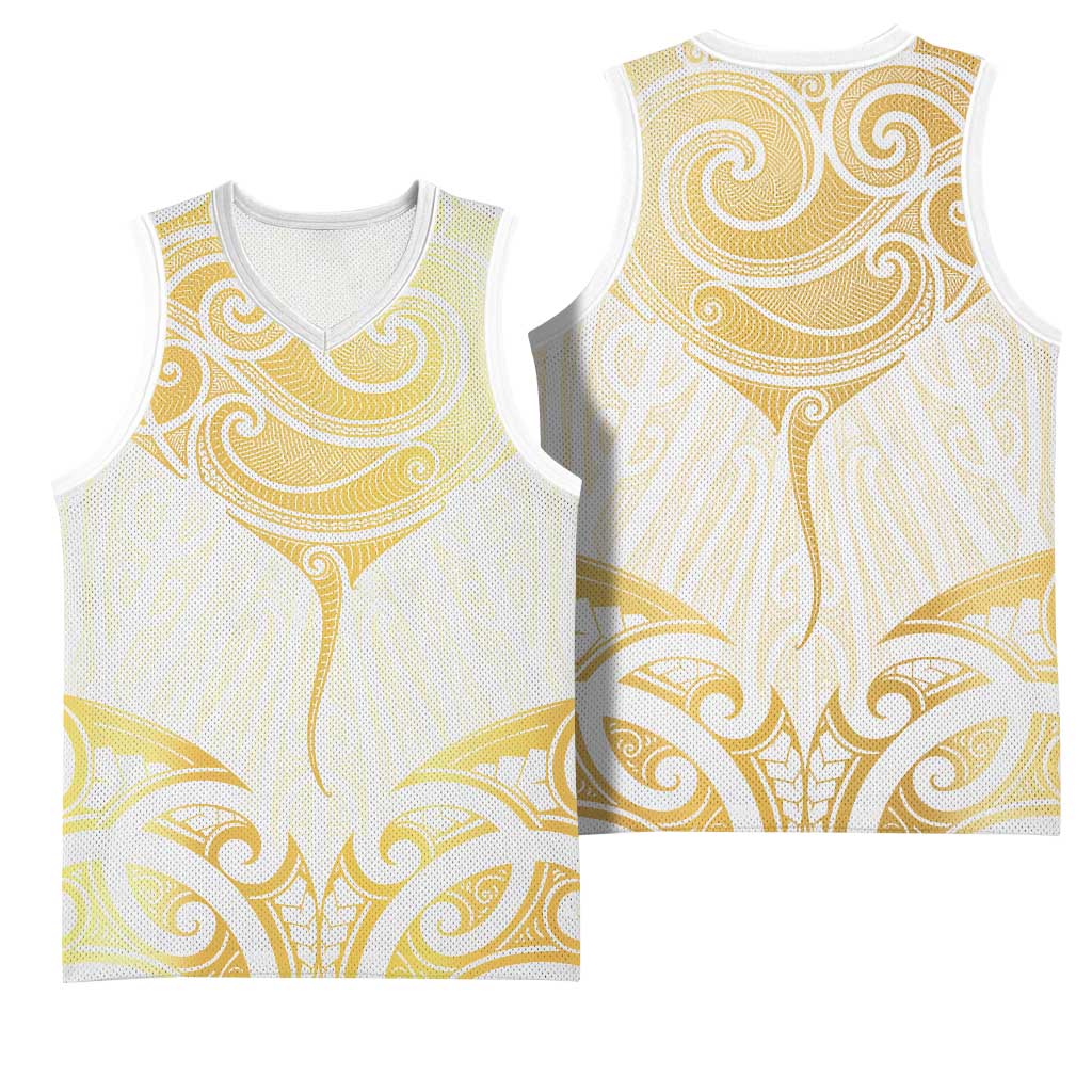 Gold White New Zealand Manta Ray Basketball Jersey Aotearoa Maori Haehae - Polynesian Pride