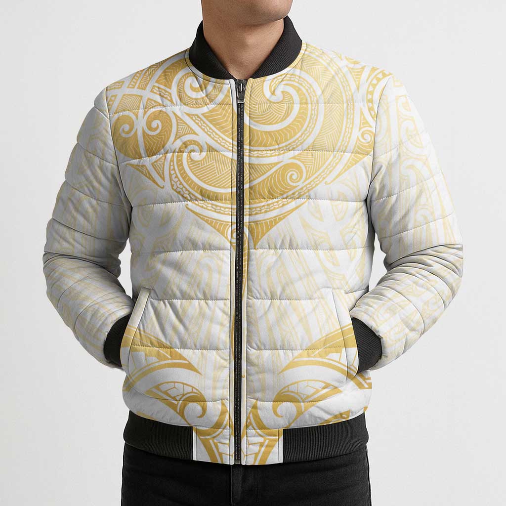 Gold White New Zealand Manta Ray Bomber Puffer Jacket Aotearoa Maori Haehae - Polynesian Pride